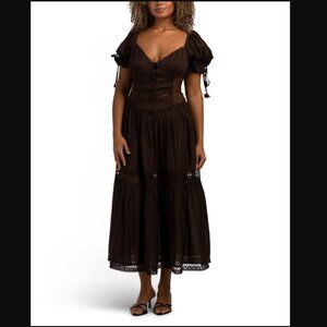 NWT En Saison (Anthropologie) Peregrine Brown Puff Sleeve Lace-Trim Midi Dress M